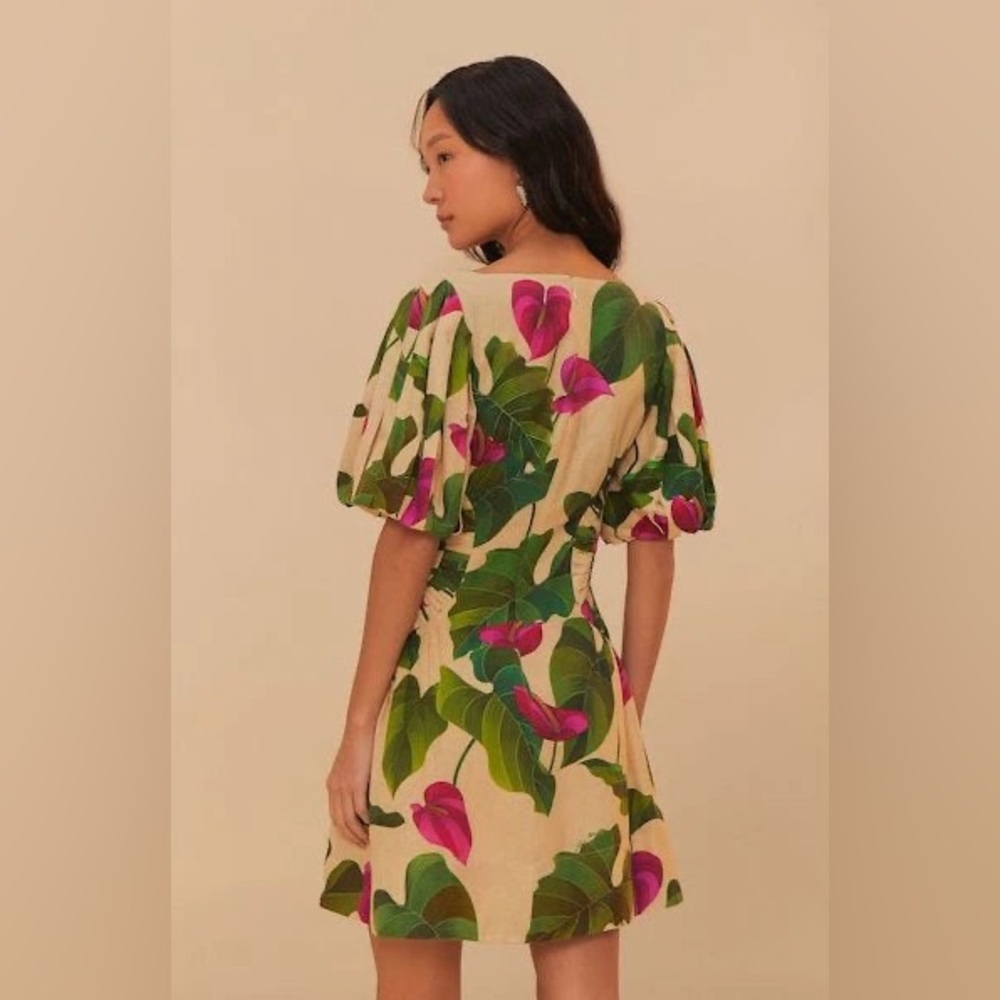 FARM Rio Anthurium Leaves Linen Blend Short-Sleeve Square-Neck Dress sz M NWT - Picture 4 of 4